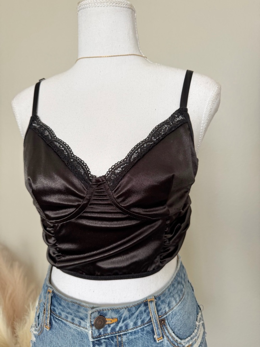Black Satin Lace Trim Cropped Cami Top